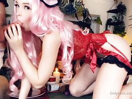 Girl With Pink Hair Masturbates A Dick In Her Mouth