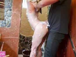 Submissive Slut Tied In Bathroom Humiliated With Foam and Body Writing