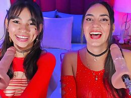 Two brunettes get a dildo shoved down their throats
