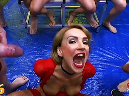 Beautiful degrading gangbang of a filthy cock and piss slut